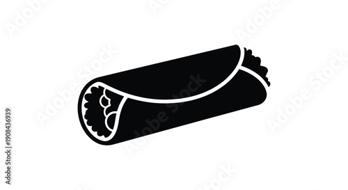 A minimalist black and white illustration depicts a rolled sushi piece showcasing its cylindrical form and ingredients