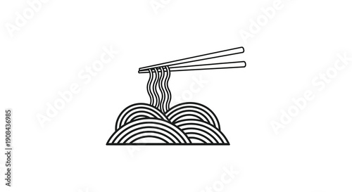A minimalist black and white line drawing depicts chopsticks lifting a tangled pile of ramen noodles high quality