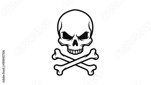 Aggressive and detailed black and white illustration of a human skull with large hollow eyes and a pair of crossed bones underneath.