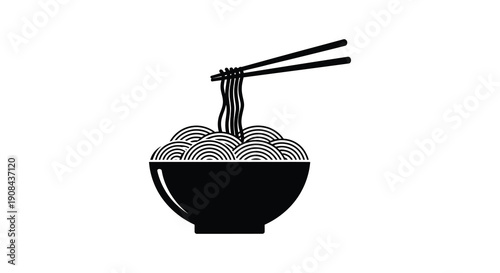 A minimalist black and white illustration depicts a bowl of ramen noodles with chopsticks a simple and elegant design