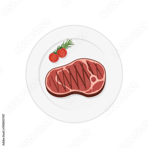 Grilled T-bone Steak with Cherry Tomatoes and Rosemary on White Plate - Flat Illustration