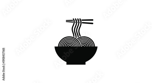 A minimalist black and white illustration depicts a bowl filled with noodles and topped with chopsticks high quality