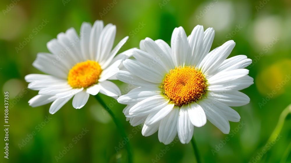 Fototapeta premium Two Delicate White Daisies Blooming in a Sunlit Meadow.