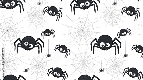 Spooky yet cute Halloween pattern featuring round black spiders with large eyes hanging from their webs on a white background.