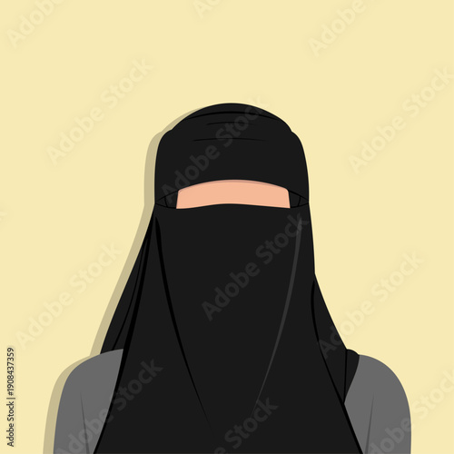 Illustration of a Muslim woman wearing a black niqab and hijab, with her eyes visible