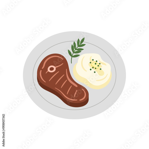 Steak Dinner Plate with Mashed Potatoes and Garnish - Flat Illustration