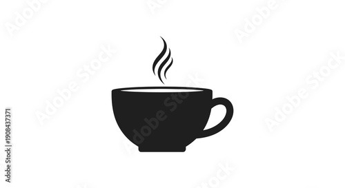A minimalist black silhouette depicts a steaming cup of coffee showcasing a simple and modern design aesthetic