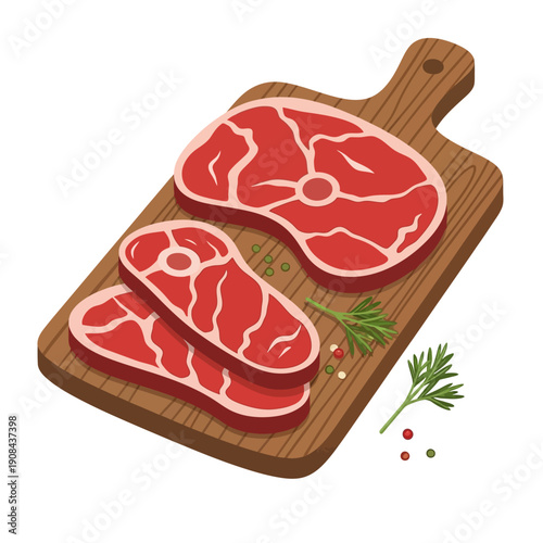 Fresh Raw Meat Steaks on Wooden Cutting Board with Herbs and Spices