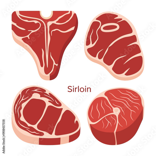 Four Raw Beef Steaks Collection: T-Bone, Sirloin, Ribeye, Round Cut