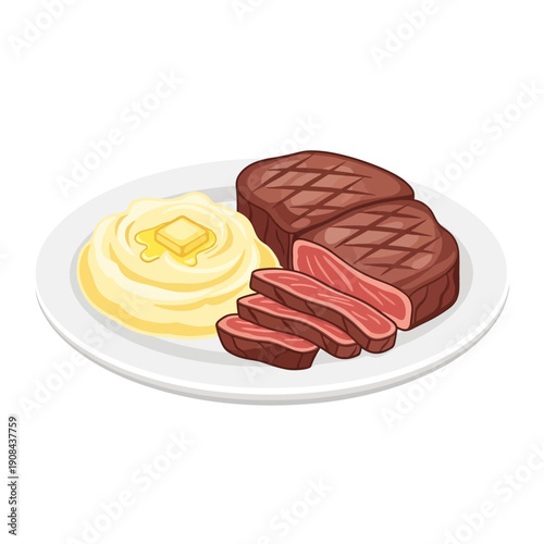 Delicious Grilled Steak with Mashed Potatoes and Butter on White Plate
