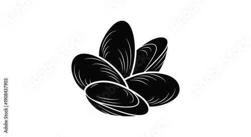 A striking black and white illustration depicts a cluster of mussels showcasing their elegant curved shells against a plain backdrop