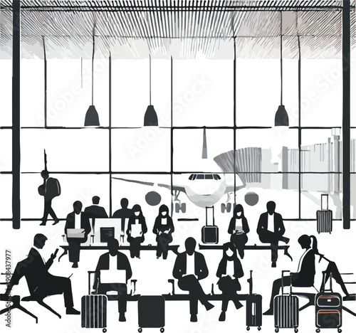 People waiting in airport terminal with airplane visible through window