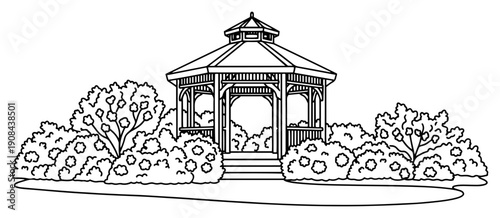 Minimalist line art illustration of a wooden garden gazebo surrounded by lush bushes