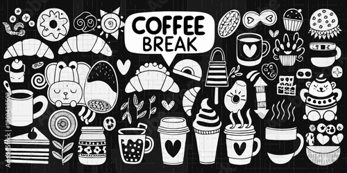 A charming black and white illustration of coffee pastries and sweet treats