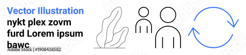 Teamwork, sustainability, environment, recycling, growth, simplicity. Minimalist line art of two people, a leaf-thumbs up element and circular arrows. Teamwork and sustainability concepts