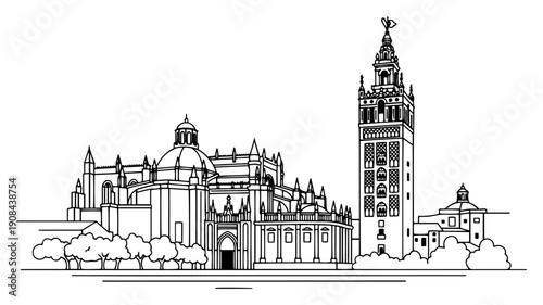 Detailed line art architectural drawing of the Seville Cathedral and Giralda tower in Spain
