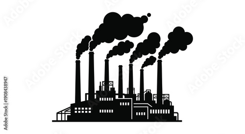 A stark depiction of industrial pollution with multiple smokestacks releasing dark plumes presented as a silhouette high quality