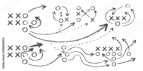 Hand-drawn sketch of american football offensive plays and formations with arrows indicating player movement and strategy on a white background