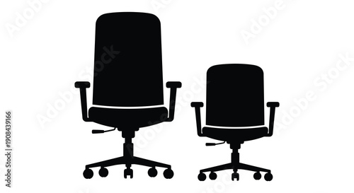 Two office chairs of differing sizes are depicted in a stark black and white image silhouette high quality