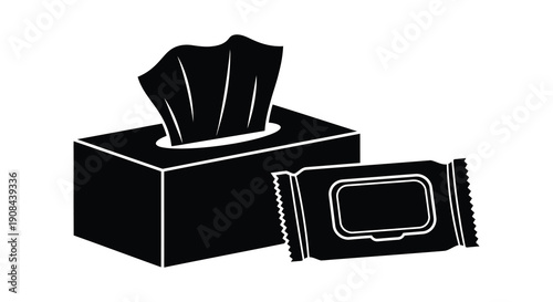 A stark black and white rendering depicts a facial tissue box with a pulled tissue and a used wipe silhouette
