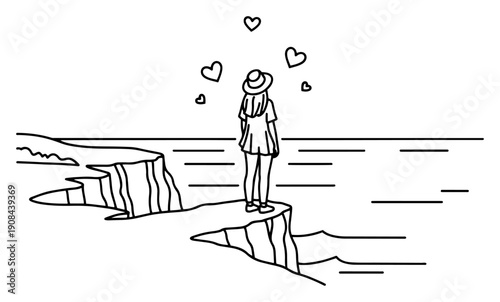 Minimalist line art illustration of a woman standing on a cliff edge looking at the sea with hearts