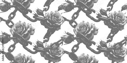 Seamless vintage floral pattern of dark roses intertwined with heavy metal chains on a white background, vector illustration
