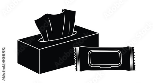 A simplistic black and white depiction of a facial tissue box with an individual tissue pulled out silhouette