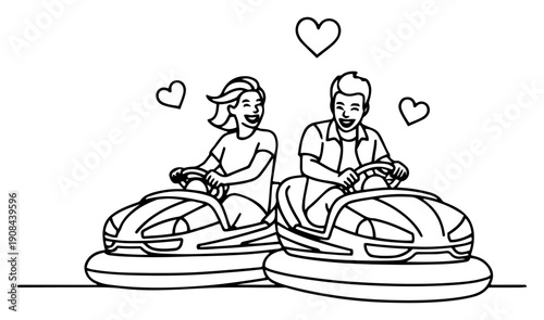 Happy couple driving bumper cars at an amusement park with hearts in minimalist line art style