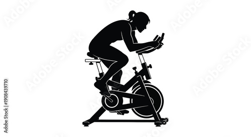 A dynamic black silhouette depicts a person intensely cycling on a stationary bike showcasing fitness and exercise silhouette