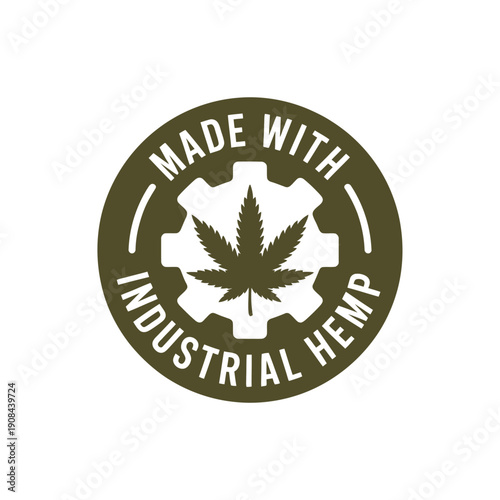 A circular badge proclaiming made with industrial hemp featuring a cannabis leaf