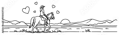 Woman riding a horse through a scenic mountain landscape with hearts in minimalist line art style