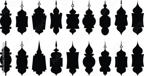 Black Silhouette Traditional Arabic Lantern Set, Islamic Ramadan Kareem Decoration Elements, Ornamental Middle Eastern Hanging Lamps Vector Illustration for Eid Festival