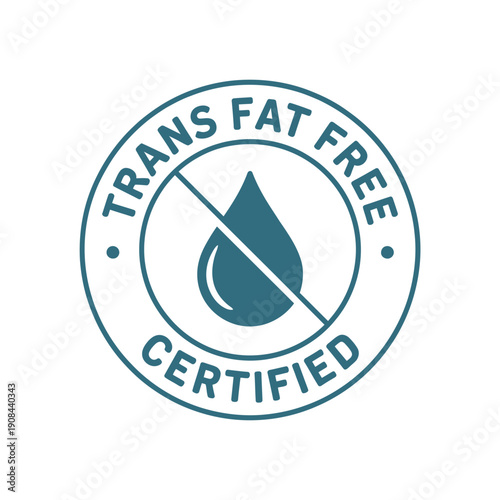 A circular trans fat free certified label with a droplet symbol