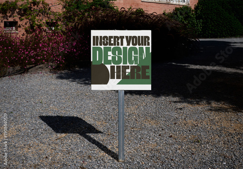 Real photo of Empty Sign Stands Alone in the Garden. PSD mockup.