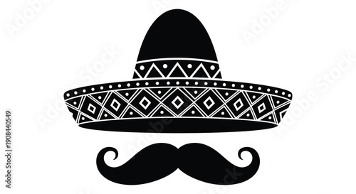 A striking black silhouette depicts a traditional mexican sombrero and mustache showcasing cultural artistry silhouette high quality professional