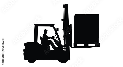 A stark black silhouette depicts a forklift truck carrying a large pallet showcasing industrial operations silhouette high quality