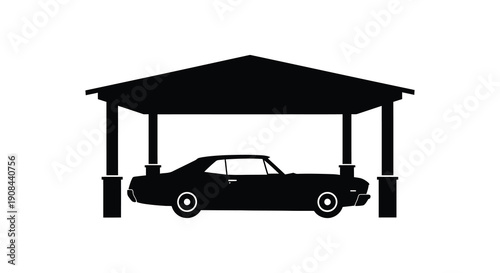 A classic american muscle car is parked inside a simple carport structure a bold silhouette high quality professional