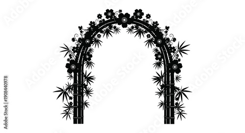 An elegant floral archway composed of detailed botanical elements presented as a striking black silhouette high quality professional