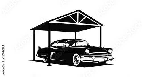 A classic vintage car is parked under a simple metal carport structure depicted as a silhouette high quality