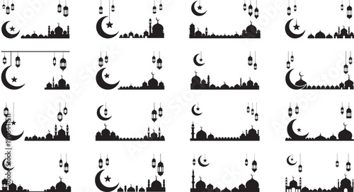 Islamic architecture silhouettes with mosque domes and crescent moons