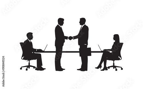 Professional silhouette vector illustration of a business meeting and handshake representing partnership and collaboration