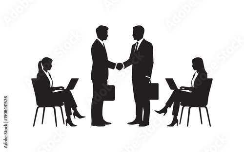 Professional silhouette vector illustration of a business meeting and handshake representing partnership and collaboration