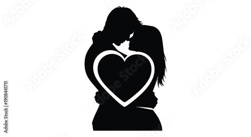 A loving couple embraces forming a heart shape with their bodies against a plain white background silhouette