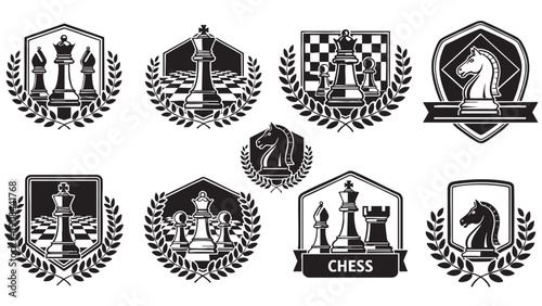 Collection of vintage chess emblems and badges with knights kings and pawns