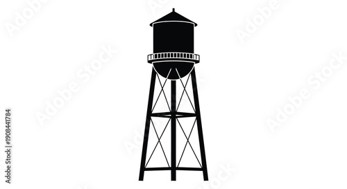 A striking graphic illustration depicts a classic water tower against a stark white background a bold silhouette