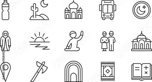 Islamic Hajj and Umrah Outline Icon Set, Ramadan Kareem Religious Symbols, Muslim Pilgrimage Elements with Mosque, Prayer Rug, Quran, and Travel Graphics