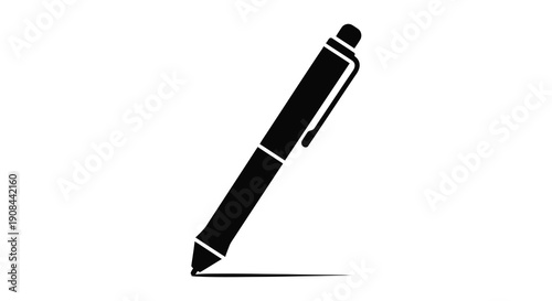 A striking black silhouette of a classic ballpoint pen diagonally positioned on a white background silhouette high quality