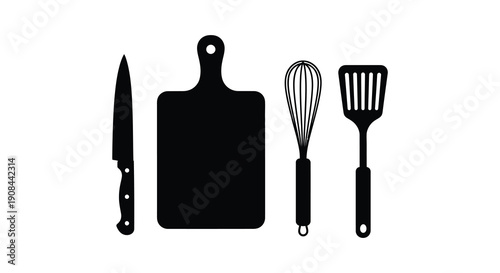 A collection of kitchen utensils including a knife cutting board whisk and spatula in silhouette high quality professional