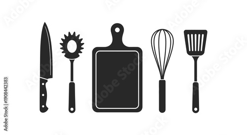 A collection of kitchen utensils including a knife grater cutting board whisk and spatula silhouette high quality professional