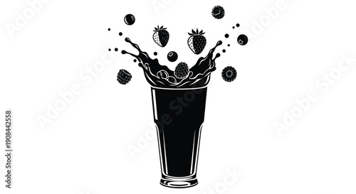 A striking black and white illustration depicts a glass of liquid with bursting strawberries rendered as a silhouette high quality